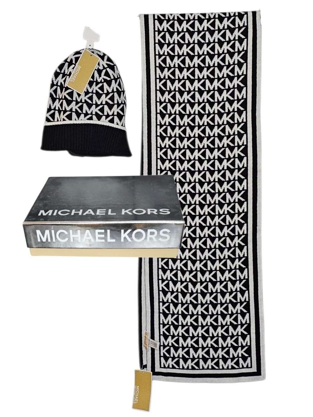 Michael Kors Black and White Knit Monogram Scarf and Toque Set w Gift Box